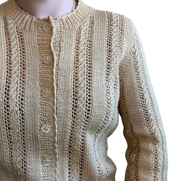 Vintage Womens Hand Knit Pastel Yellow Wool Lace Cable Dainty Cardigan Sz M - Picture 7 of 7